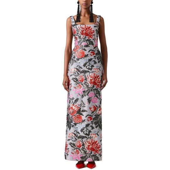 Carolina Herrera Womens  Thin Strap Scoop Neck Column Linen-Blend Gown, Grey - Picture 1 of 3